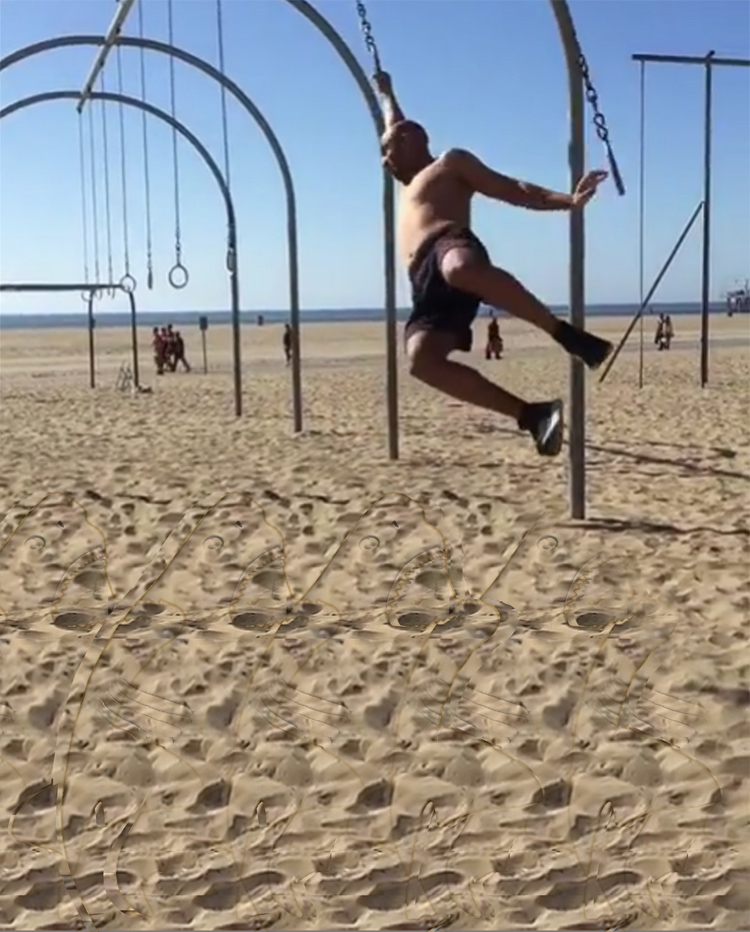 Stereogram by 3Dimka: @zanetravel. Tags: shark man beach sand swing, hidden 3D picture (SIRDS)