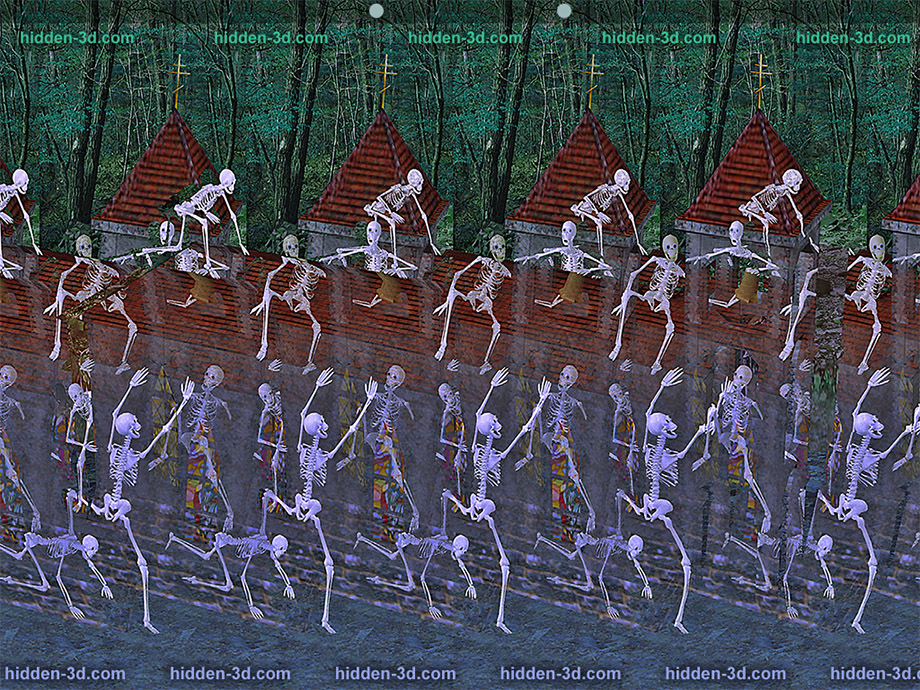 Stereogram by 3Dimka: Crazy night. Tags: skeletons,church,night, hidden 3D picture (SIRDS)