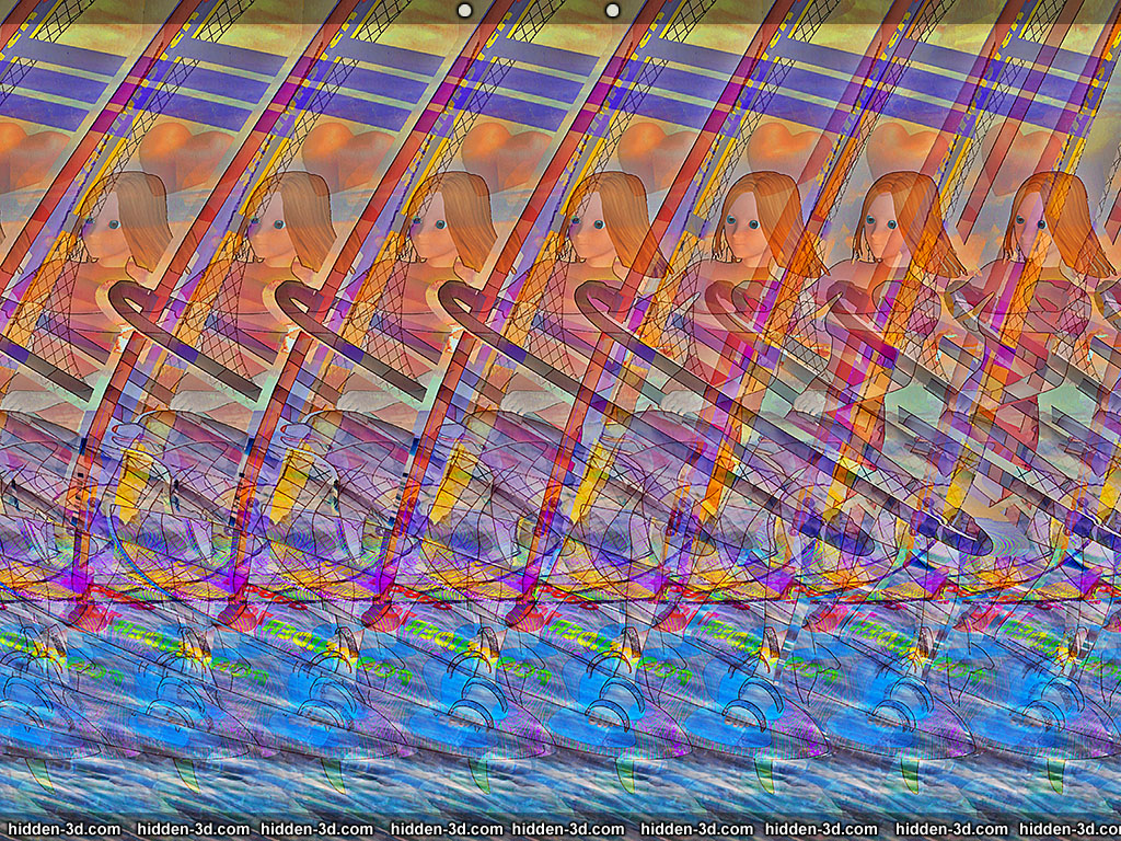 Stereogram by 3Dimka: Faster than wind. Tags: girl,surf,windsurf,dolphin,sea,ocean,board,water,sail, hidden 3D picture (SIRDS)