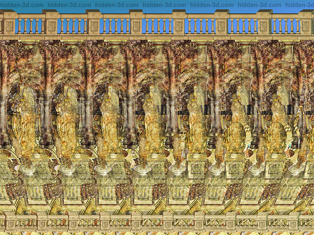 Stereogram by 3Dimka: Exhibit. Tags: art gallery museum sculptures anubis moai greek ancient history  , hidden 3D picture (SIRDS)